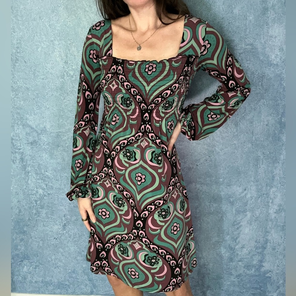90’s Square Neck Multicolor Patterned Dress